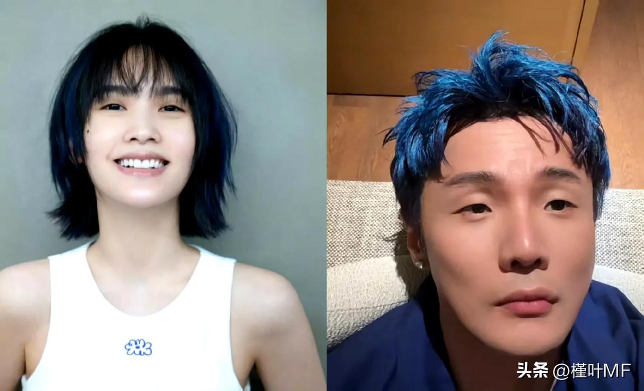 杨丞琳和李荣浩又在暗戳戳秀恩爱了，两人染了同样的发色，这蓝色头发放在他们夫妻身上
