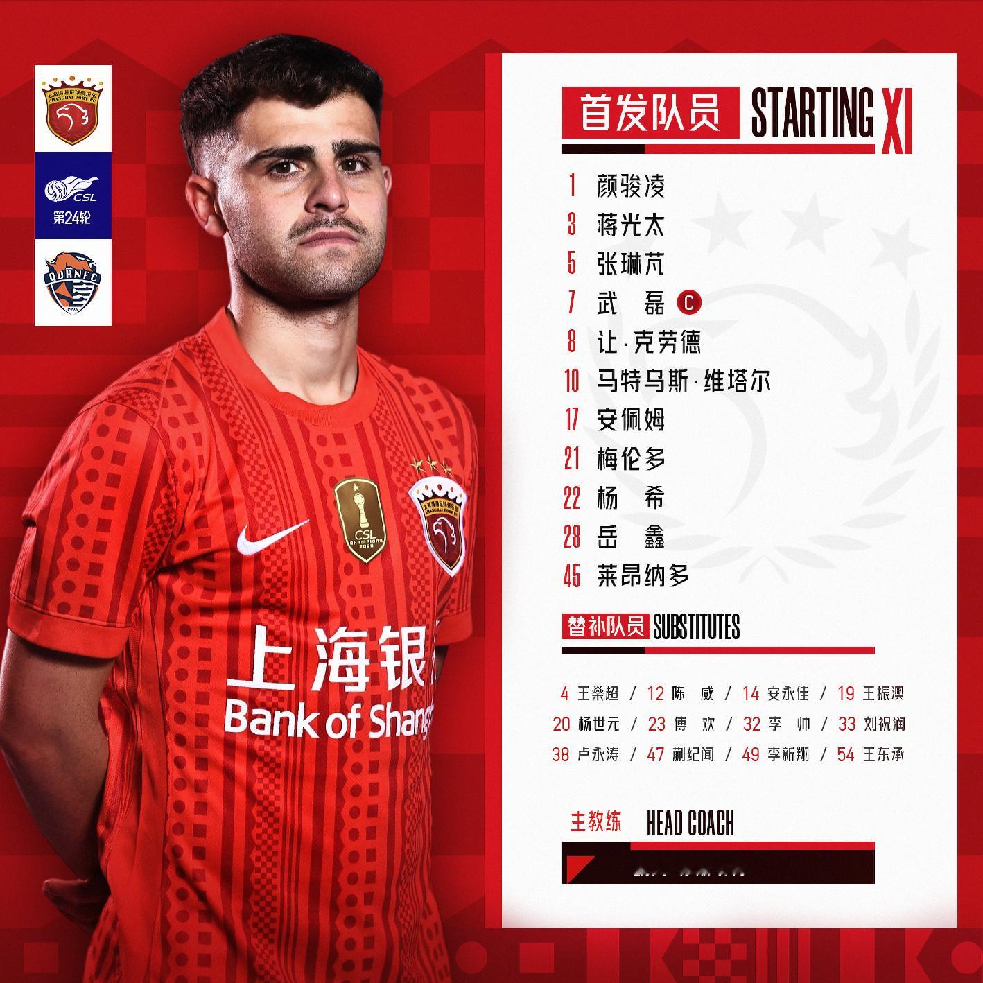 2026怡宝中超联赛 第24轮上海海港vs青岛海牛 ，今日首发名单。上海海港