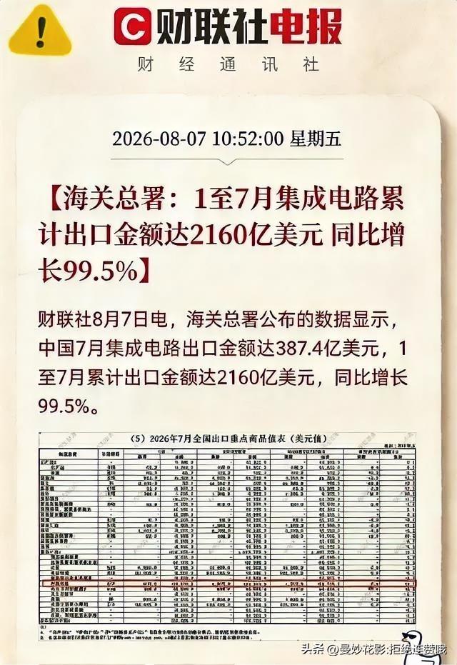 刚跟一个做芯片外贸的朋友通了电话，他声音都在抖：“海关数据出来了，前7个月芯片出