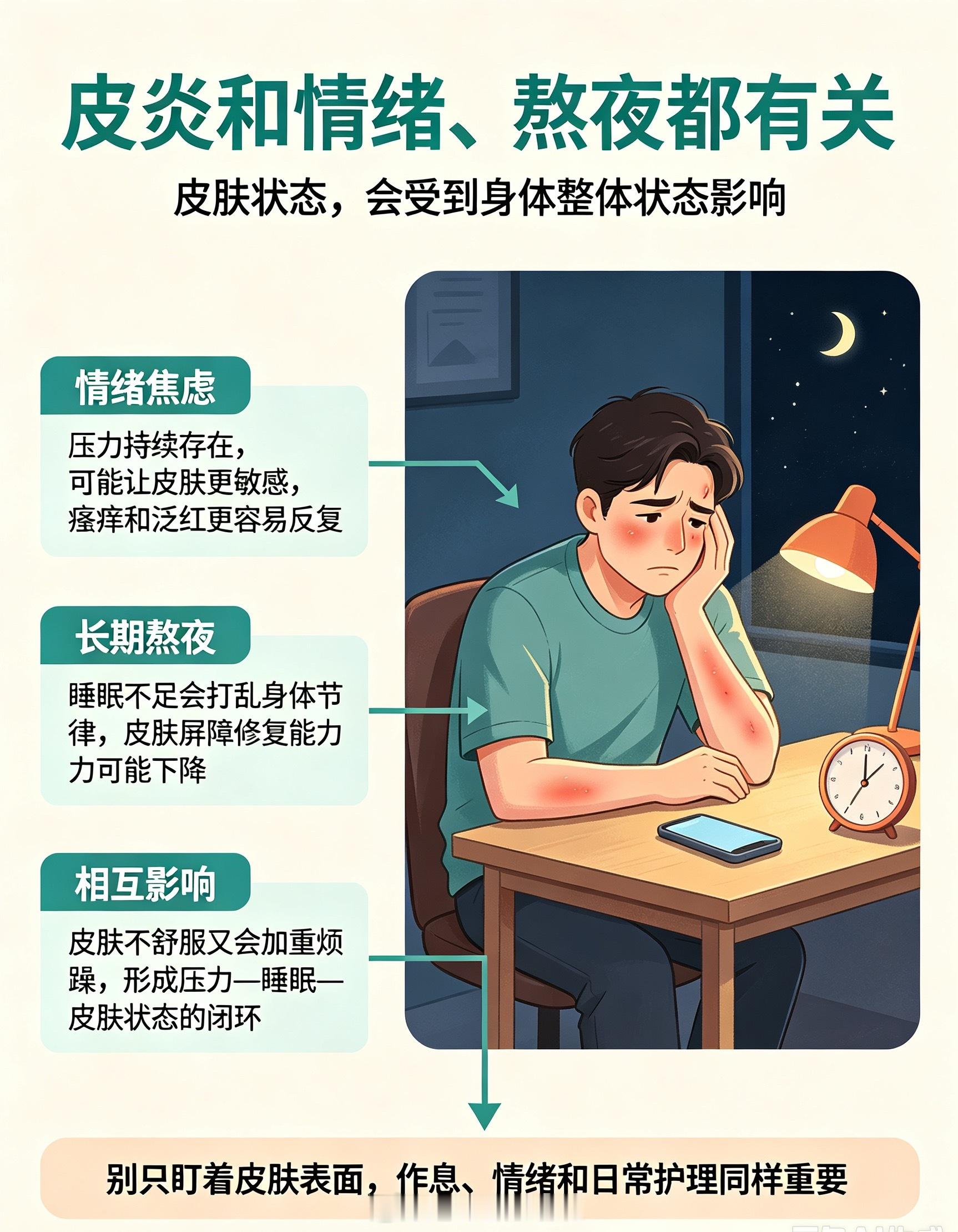 皮炎和情绪熬夜都有关系很多人反复皮炎总找不到根源，除了接触过敏原，情绪焦虑、长期