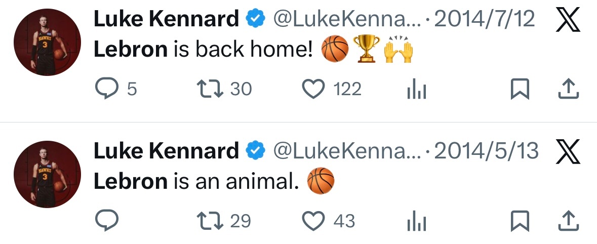 文森特+1个次轮签，让一个球员与老詹合作。2013年肯纳德ins第一条就是与热火