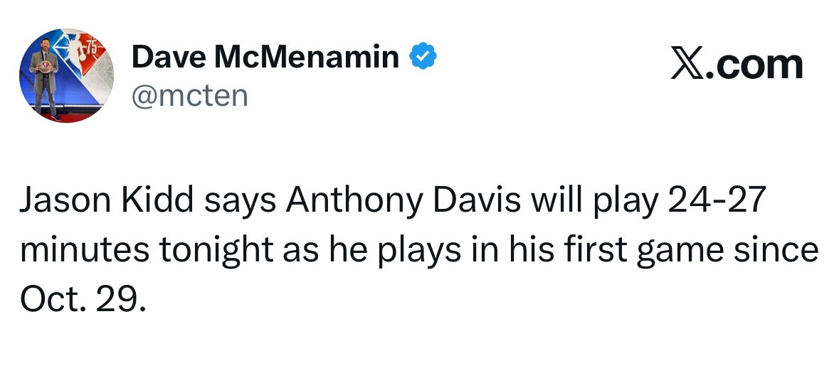 限时！浓眉今日出战24-27分钟 