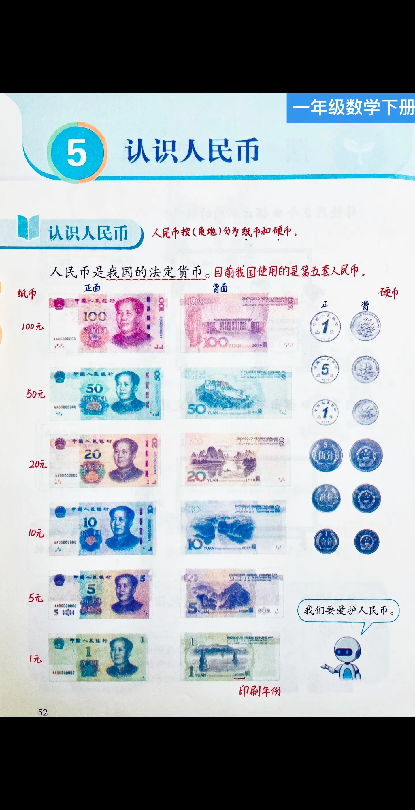 一年级数学下册第五单元《认识人民币》笔记。认识人民币、元角分之间的换算、计算以及实际运用。