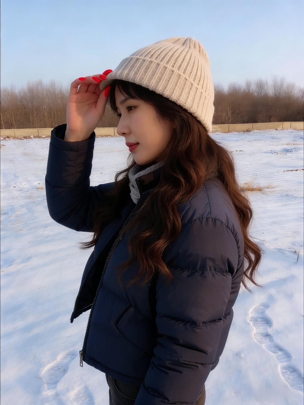 雪野凝素色，黑衣衬艳妆。
凝眸风立处，孤影自芬芳。