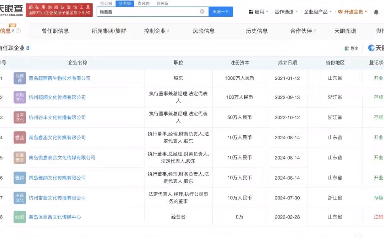 网红顾茜茜名下关联8家公司 网红顾茜茜名下关联多家公司，但B.C&GUXIXI商