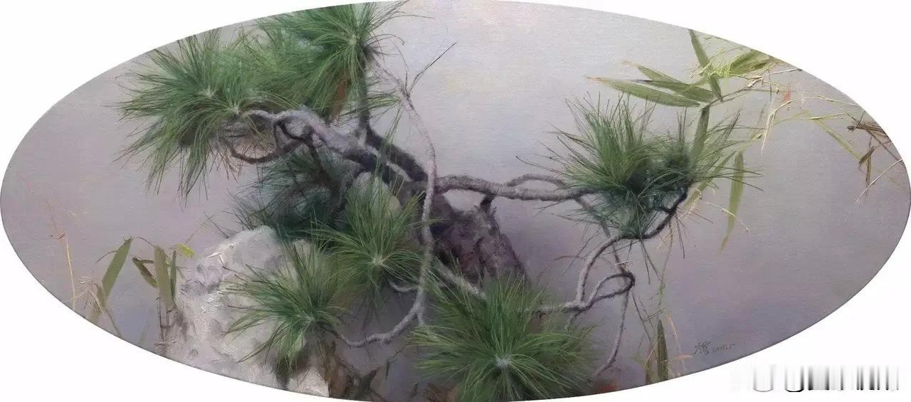 冷军：松竹系列油画，松竹自古寄托文人意趣、清雅宜入画；以油画做写意笔法难度颇高，