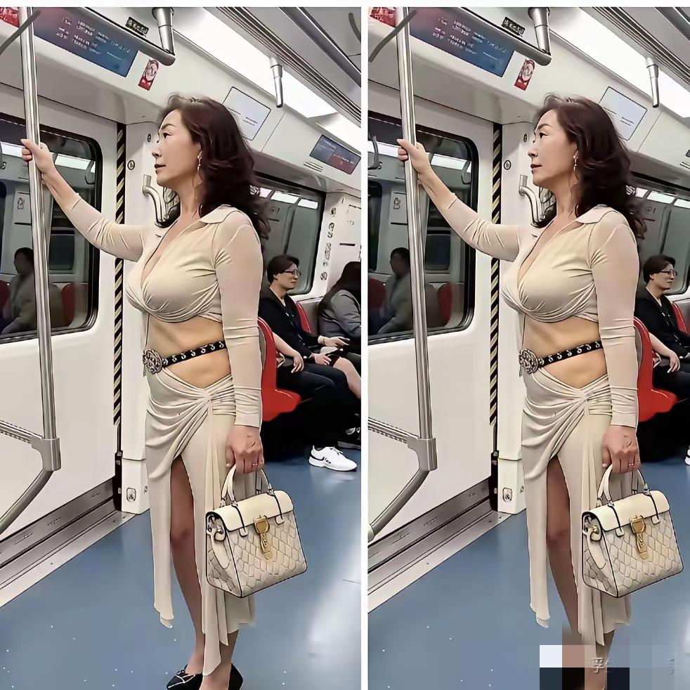 今天刷到一张图，让人眼前一亮又有点“不知所措”。
一位坐公交车阿姨，从气质和身材