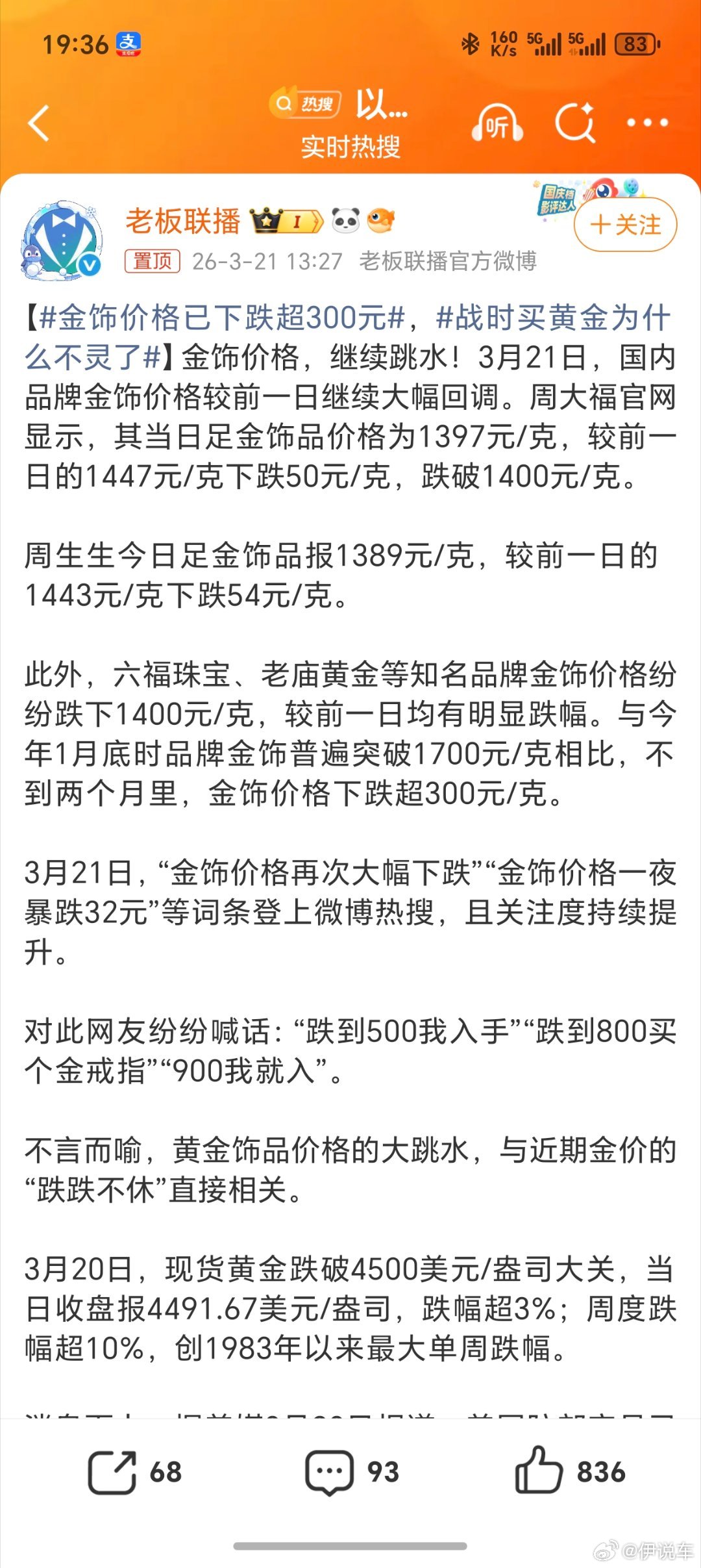 金饰价格已下跌超300元什么时候跌到600我再入手现在应该跌到900多了吧 