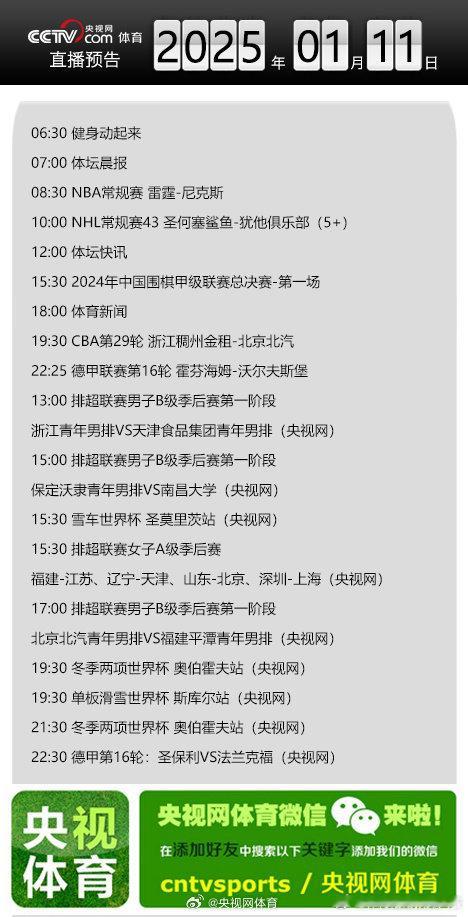 【央视网体育1月11日直播预告】08:30 NBA常规赛 雷霆-尼克斯；10:0