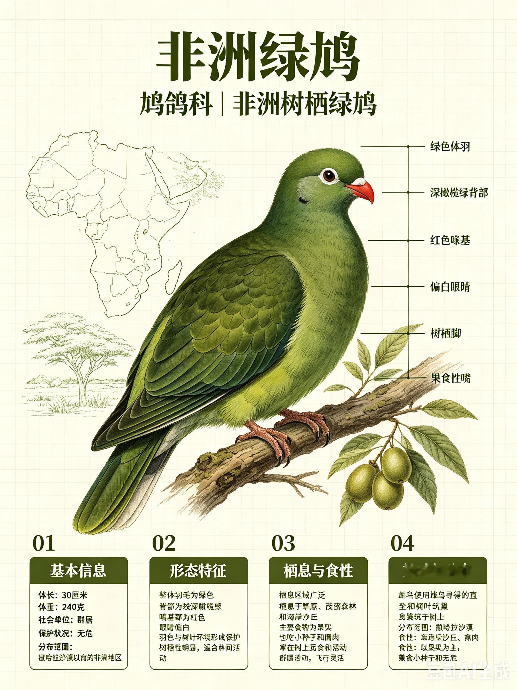 鸟类朋友图鉴 非洲绿鸠体长：30 厘米体重：240 克社会单位：群居保护状况：无