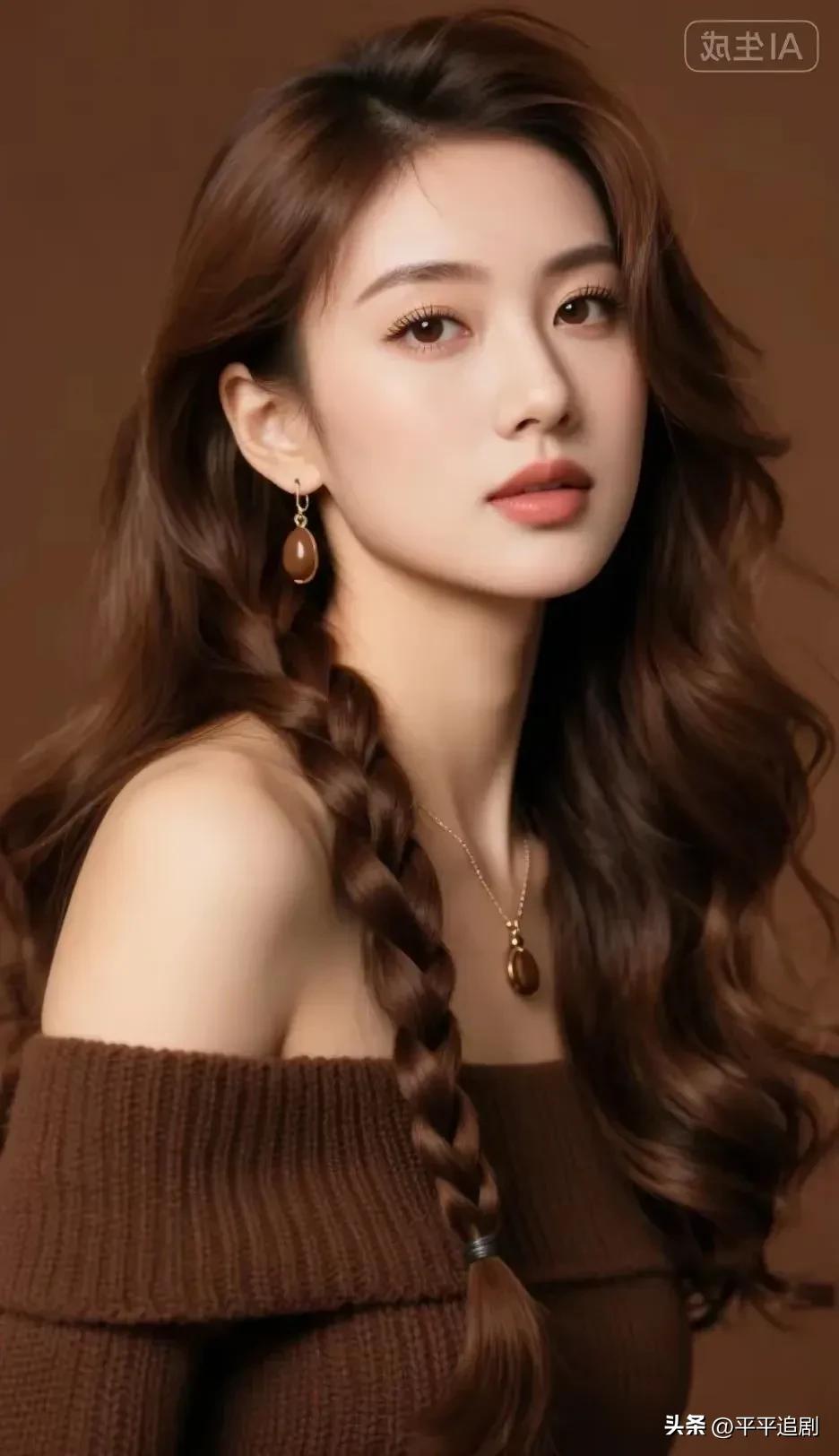 焦糖色的针织裹着暖意，侧编发挽着温柔，
同色系的耳饰与项链衬得眉眼温润。
在暖棕