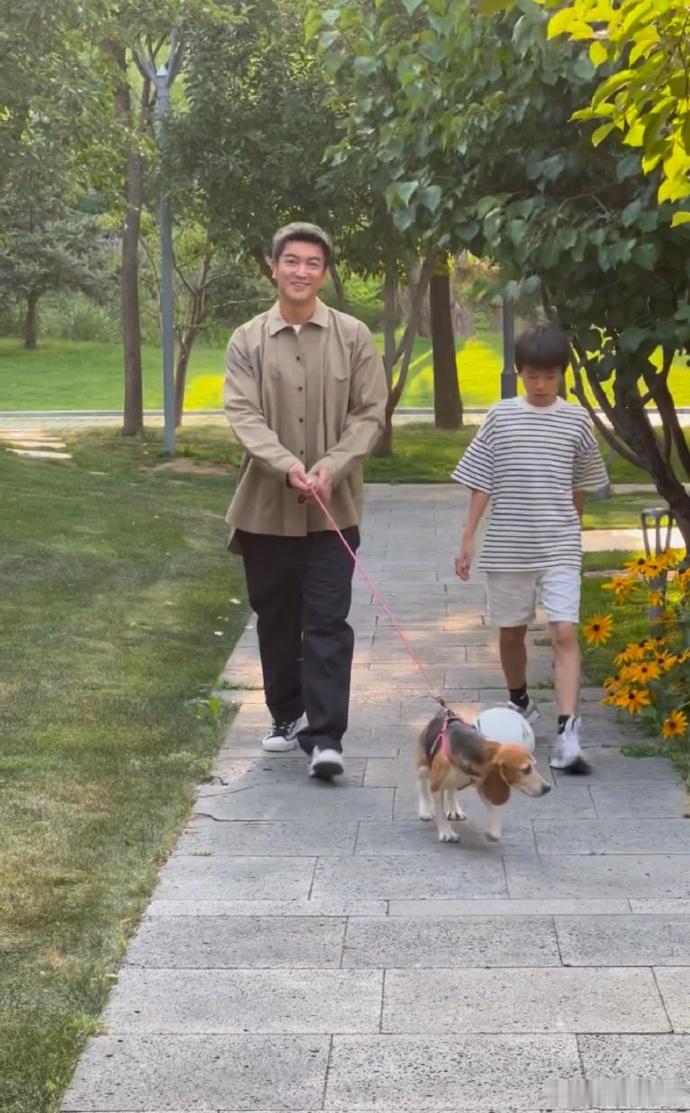 网友偶遇杜江和儿子嗯哼带狗狗外出，可以看到他们救助的珍珠明显长肉了，而且精神状态