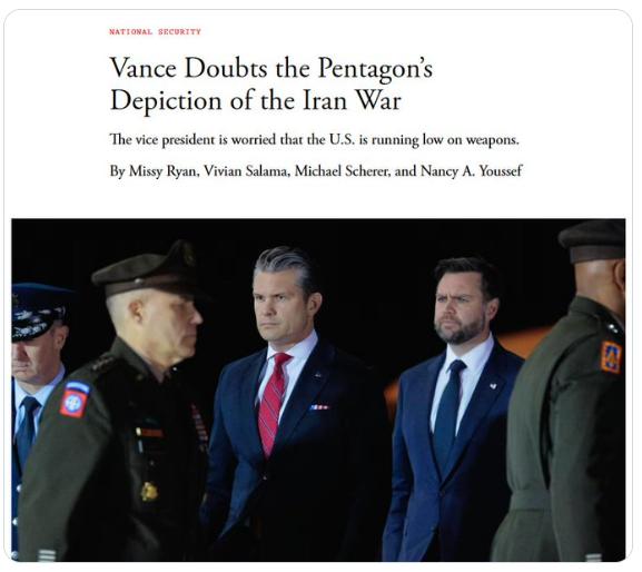 【⚡️美国副总统质疑五角大楼关于伊朗战争成功的说法，— 《大西洋月刊》】根据报道