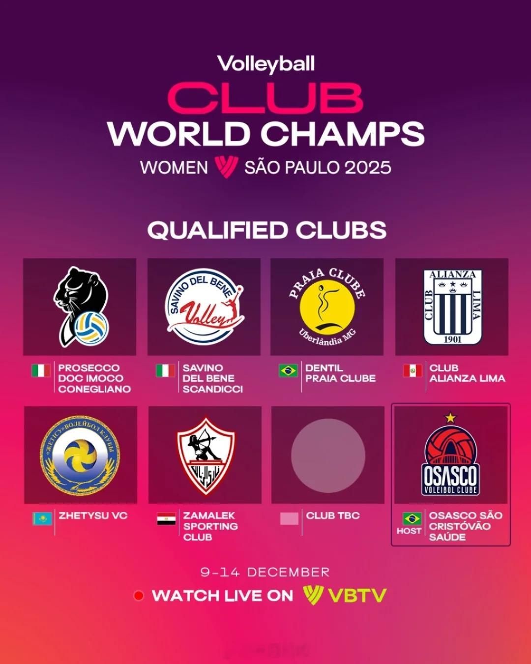 排球世界官宣：2025女排世俱赛 （ ）和2025男排世俱赛 （ ）都在巴西举行