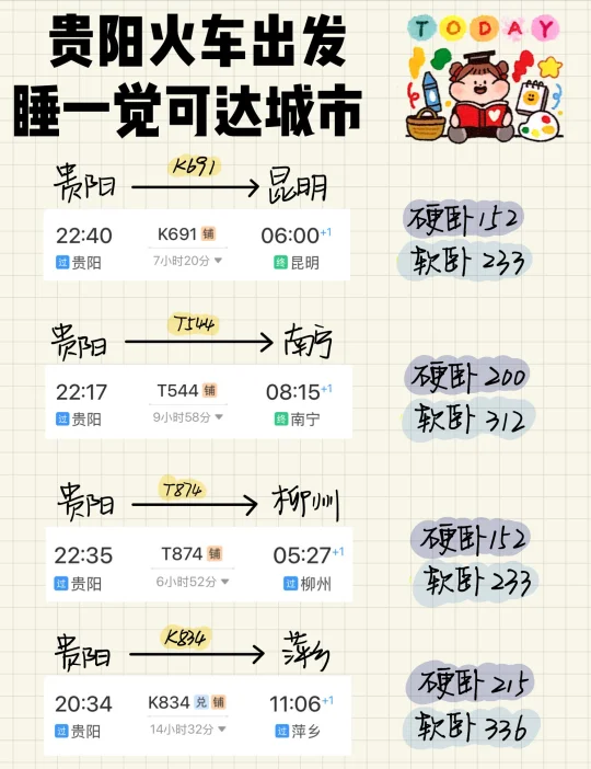 贵阳🚄出发 卧铺一夜可达城市