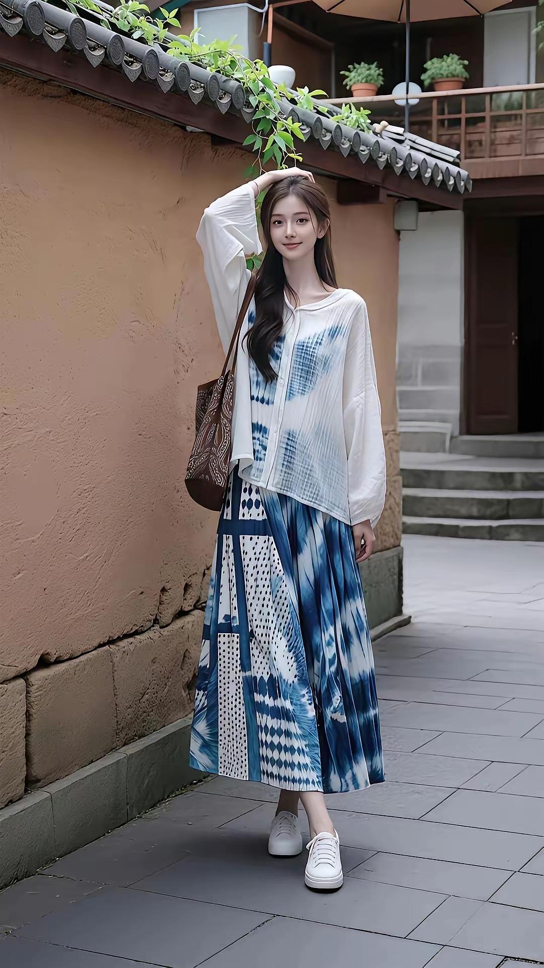 青瓦檐前绿蔓长，素衣蓝裙韵生香。
笑扶云鬓风姿雅，闲步幽庭岁月藏。