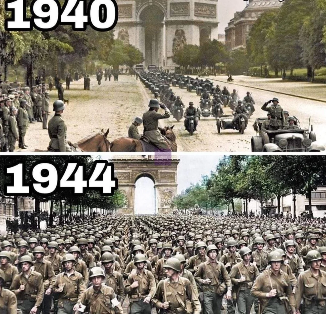 这张对比图生动地展示了巴黎在四年间的历史巨变。1940年，德军以庄严整...