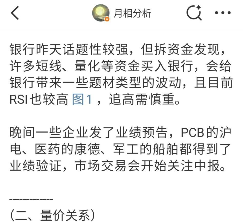 v+早报中提示的银行回调风险，今天银行跌幅较深，RSI回落到正常区间。 另外一个