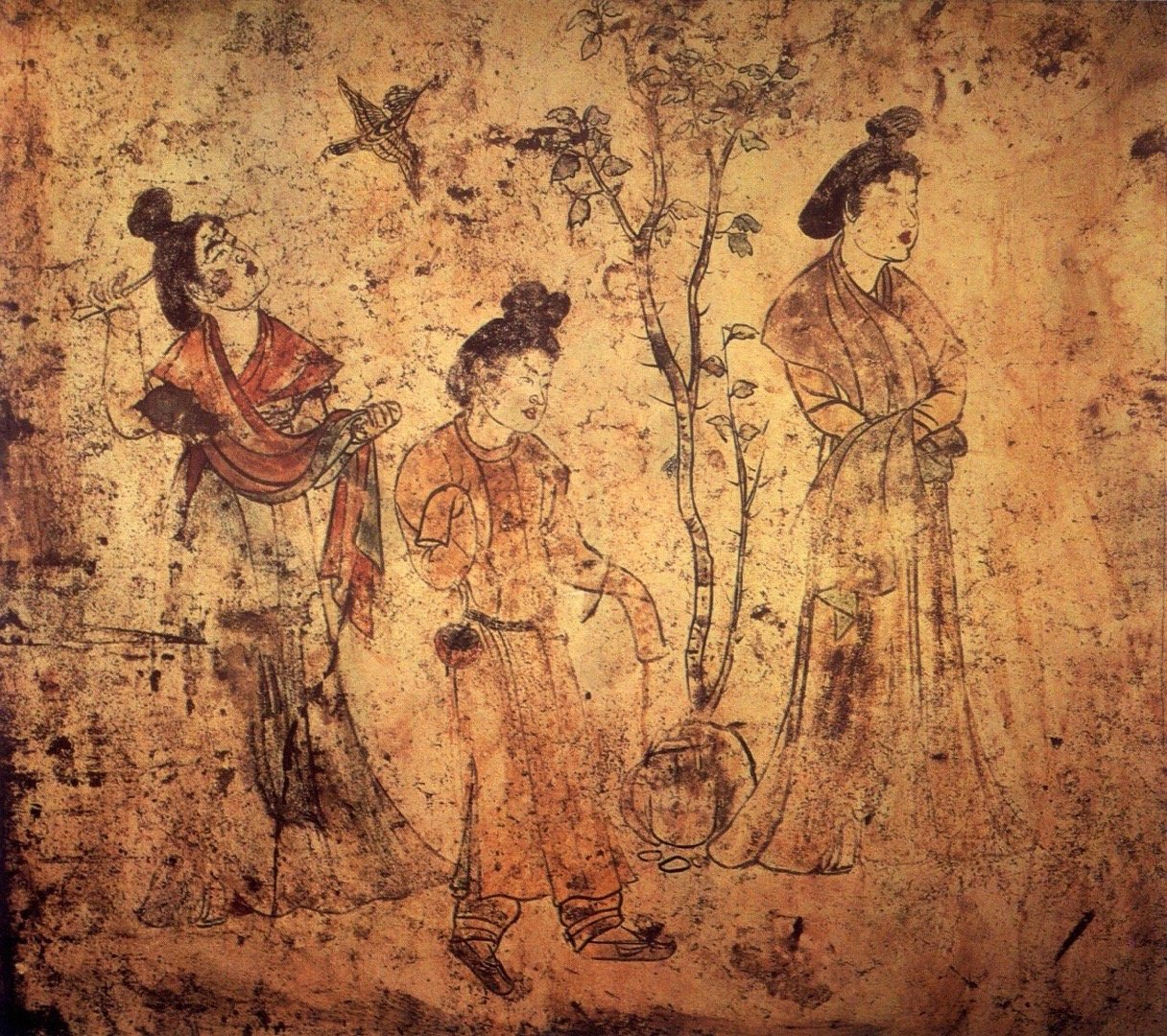 章怀太子墓壁画《观鸟捕蝉图》①《观鸟捕蝉图》是一幅感人至深的以“宫怨”为题材的著