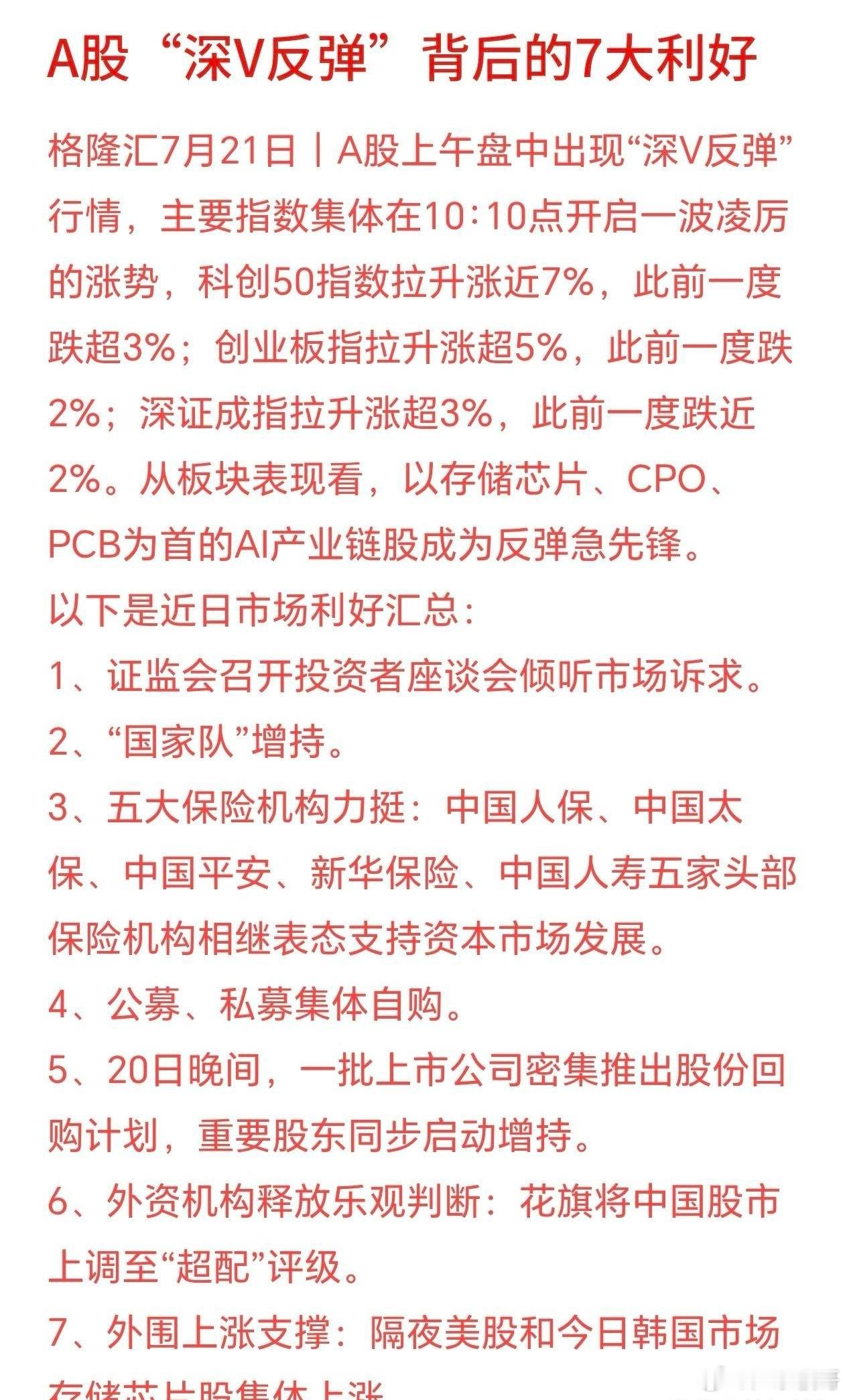 今天A股V型反转并暴涨，市场给出了7个利好原因1早盘先跌后暴力拉升的深V走势，是