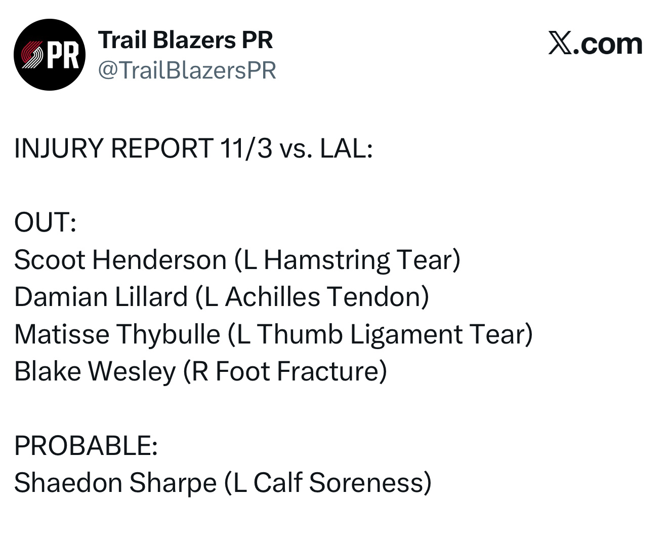 今天开拓者和湖人比赛两队缺得人够多的，看看杨瀚森会不会获得机会 金秋观赛季新赛季