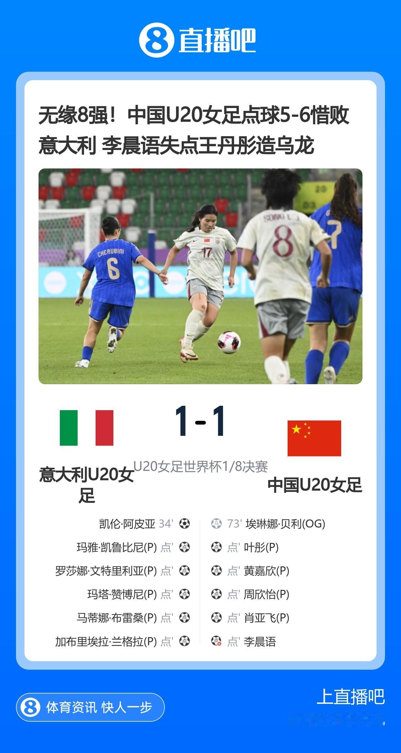 女足两条快讯：
1. U20女足世界杯1/8决赛
意大利1（5）-1（4）中国，