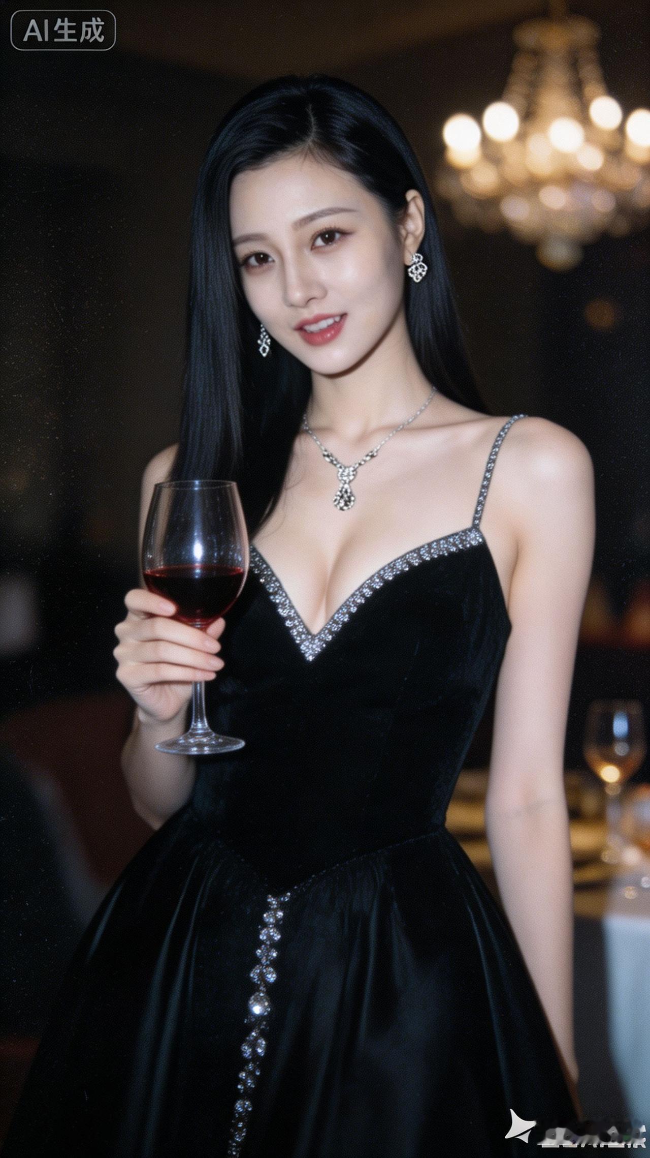 一位女士在晚宴上举杯微笑。