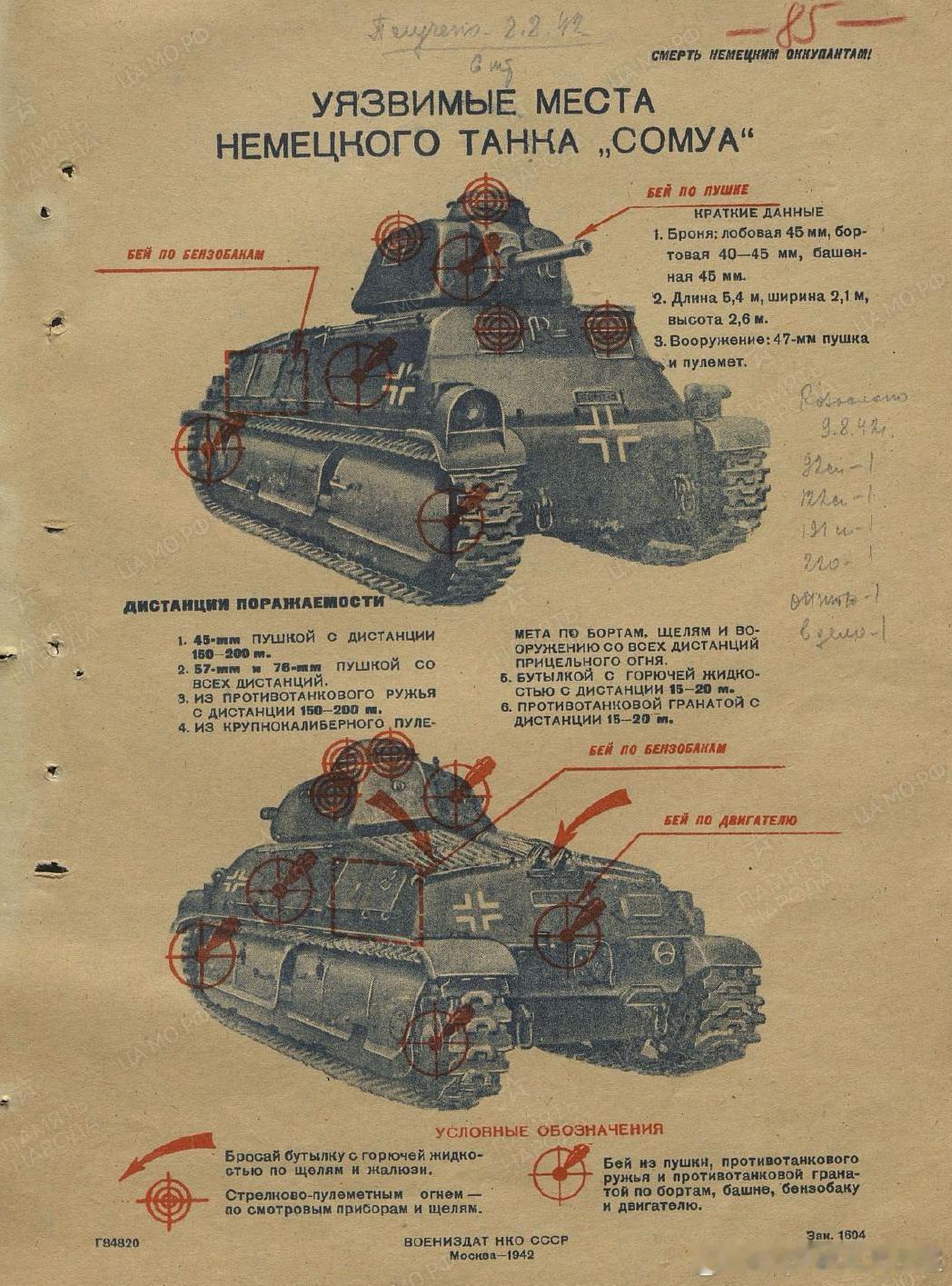 1942年苏军战术训练教材之德军装甲车辆攻击要点之SOMUA坦克，带炮弹的图标是