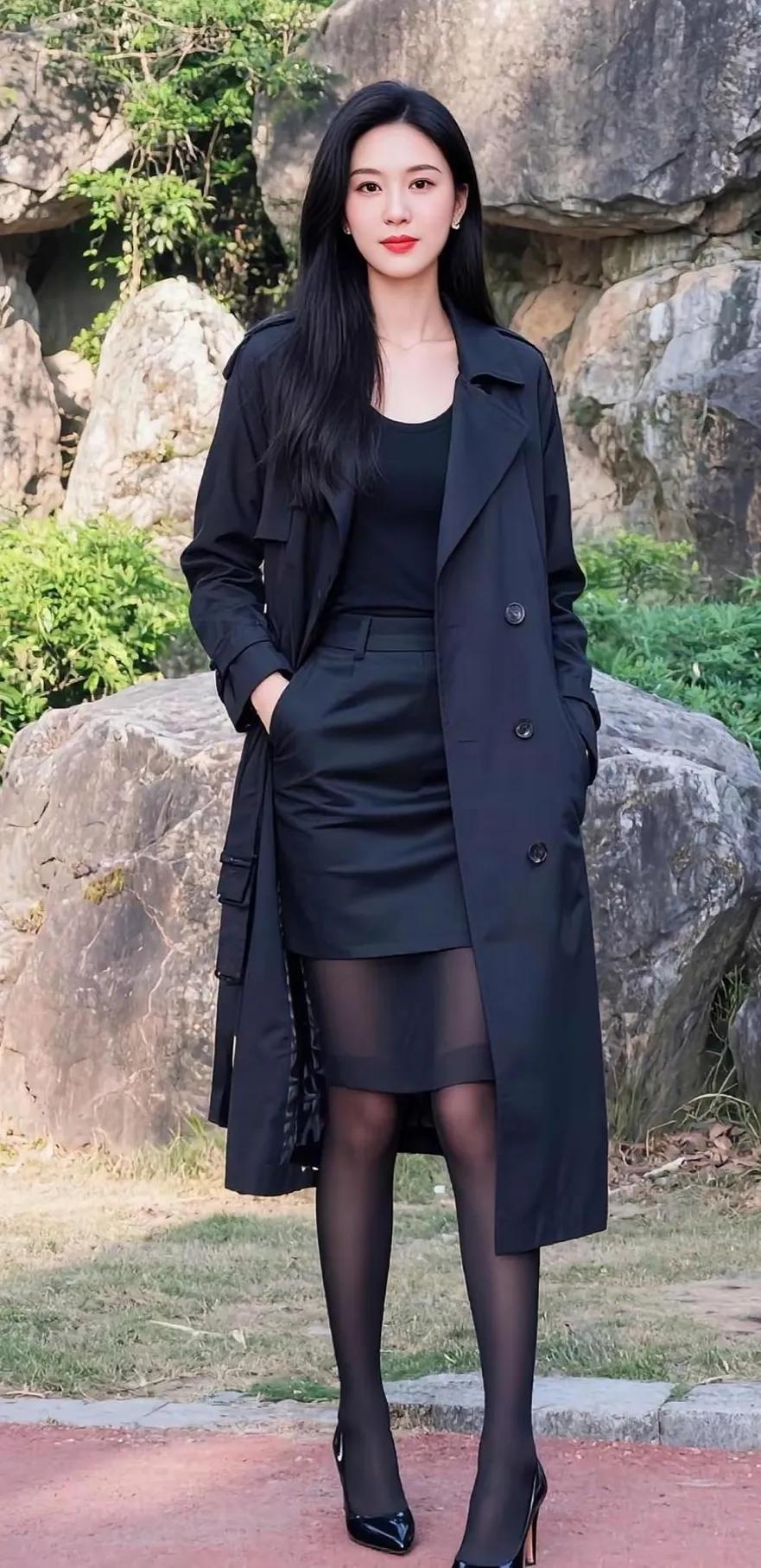 黑衣美人立，风姿绰约间。