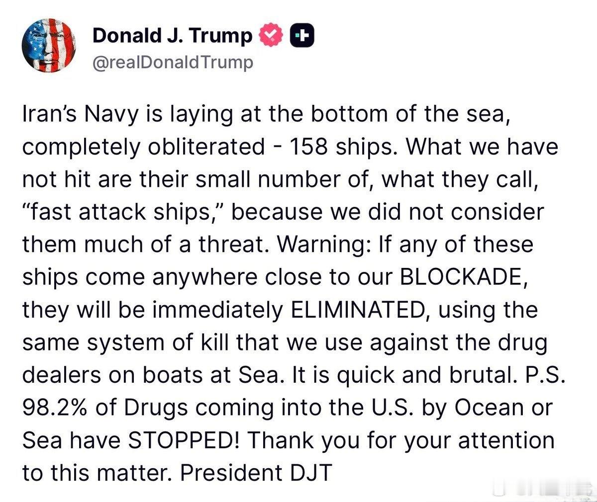 特朗普：伊朗海军正躺在海底，被彻底摧毁 ——158 艘舰船。 我们没有打击的是他