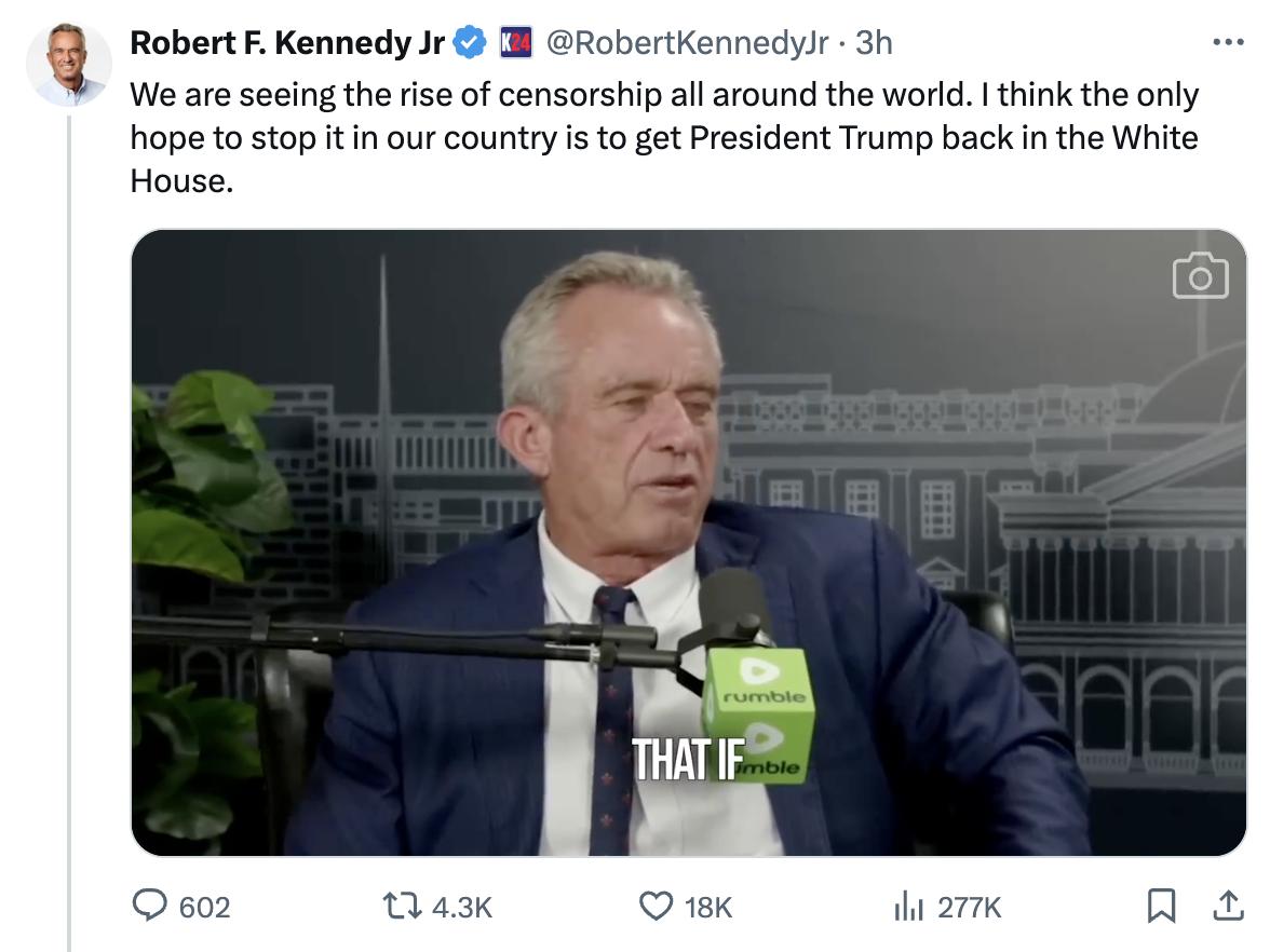 Robert F. Kennedy Jr.的一条推文，内容是关于全球范围内的审查