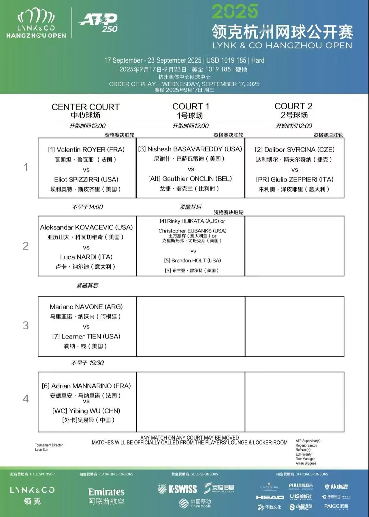 杭州网球公开赛 明日赛程安排，资格赛决胜轮和单打正赛首轮，吴易昺出战！​​​