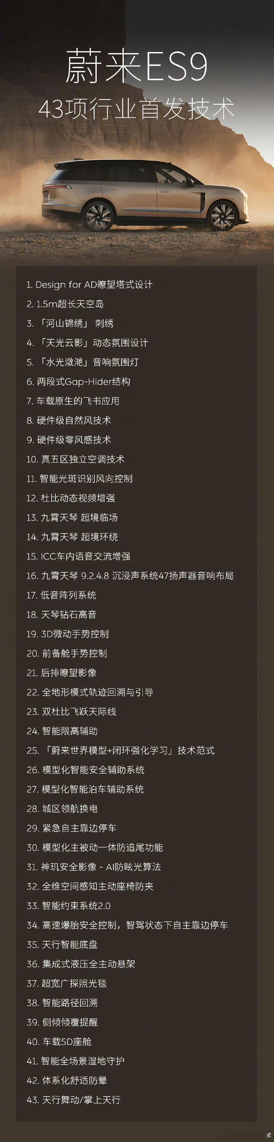 ES9公布43项技术首创真正的旗舰，靠实力说话。蔚来ES9携43项技术首创登场，