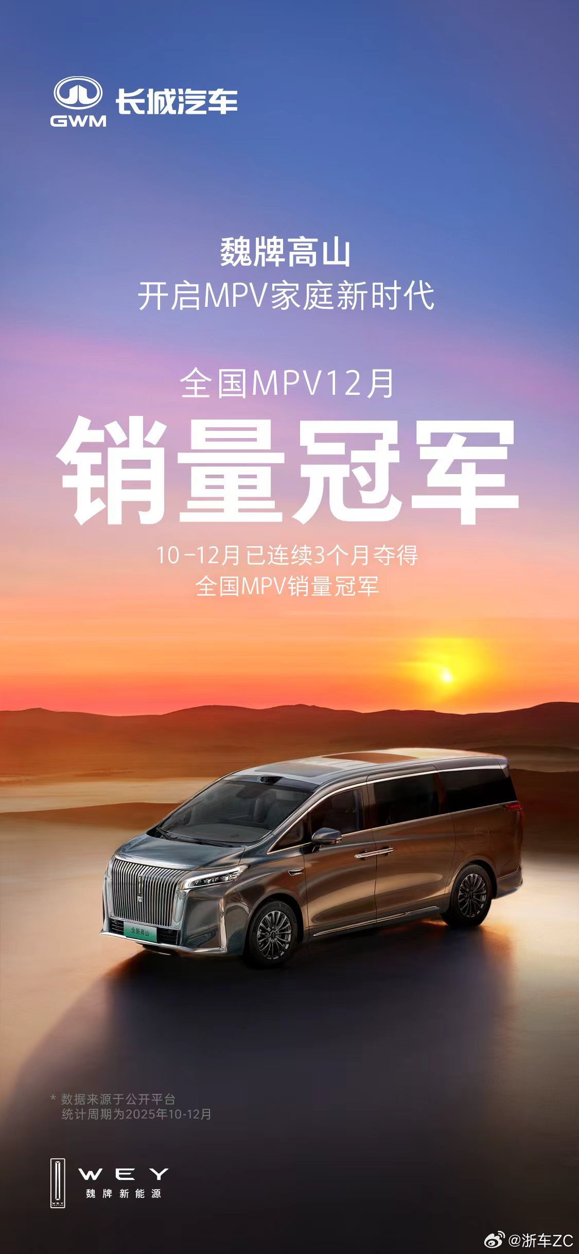 实至名归！魏牌高山12月再获全国MPV销量冠军，10-12月连续三个月蝉联第一。
