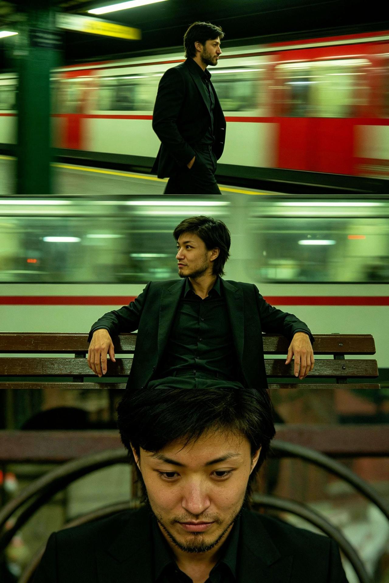 🚇霓虹列车碾过时间褶皱，独坐长椅像幅褪色默片🎞️。你看那人潮来去，孤独才是最