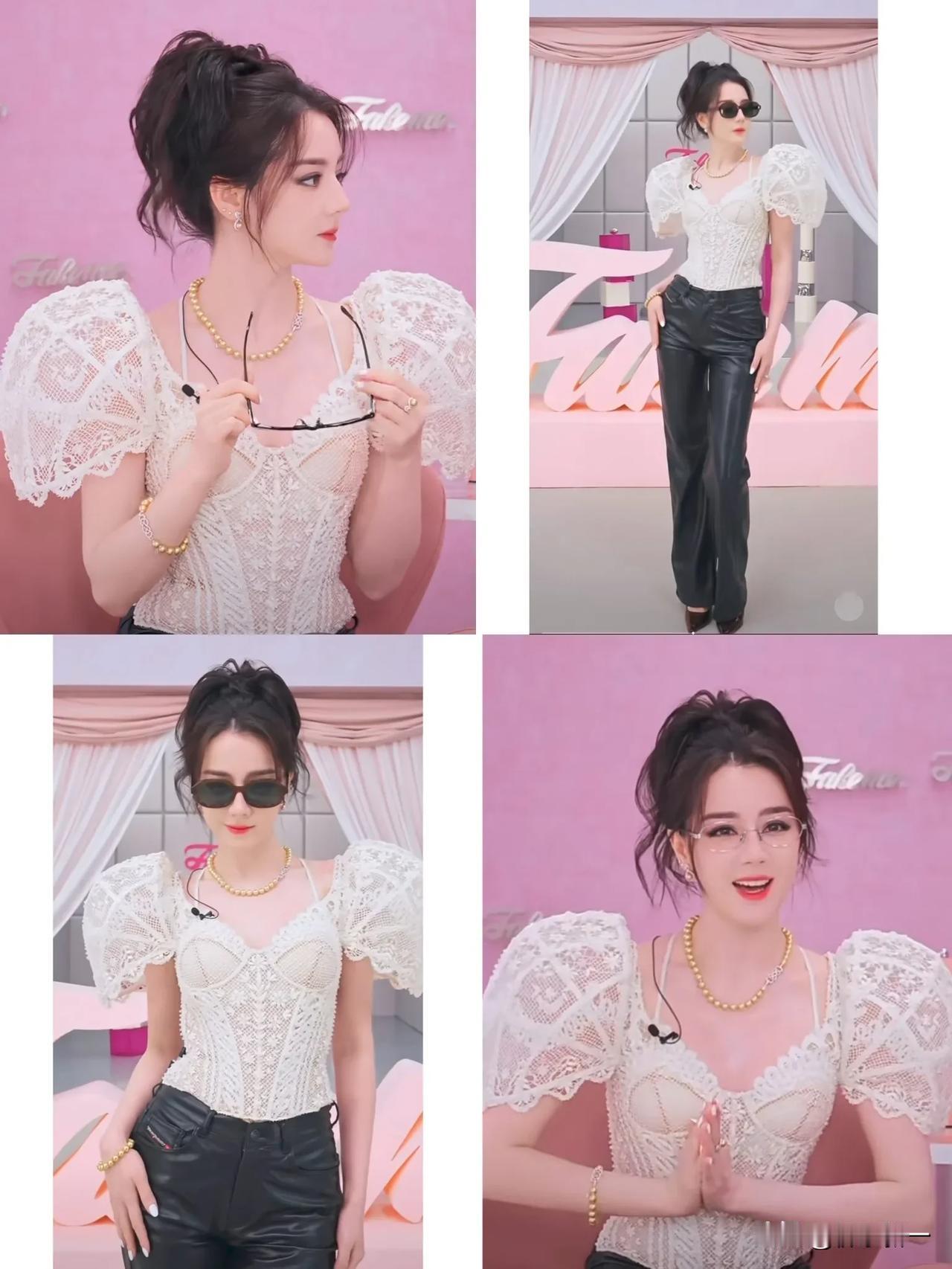 穿窗帘泡泡袖都这么美，热巴真的顶级美貌啊，显胖的蕾丝维密上衣搭配皮裤走出来完全超