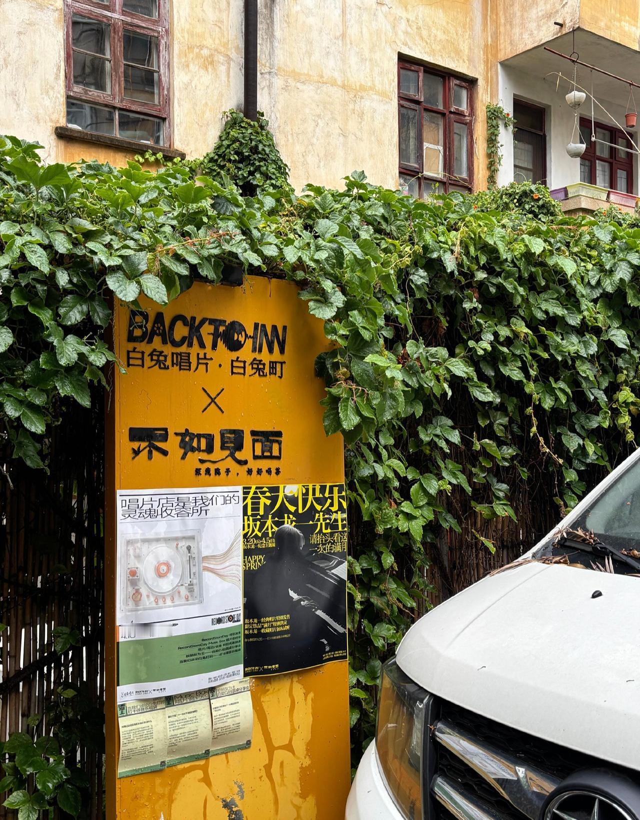 🌿老墙爬满绿藤，像时光织的帘✨。黄招牌藏着旧故事，等你来拆封📀。