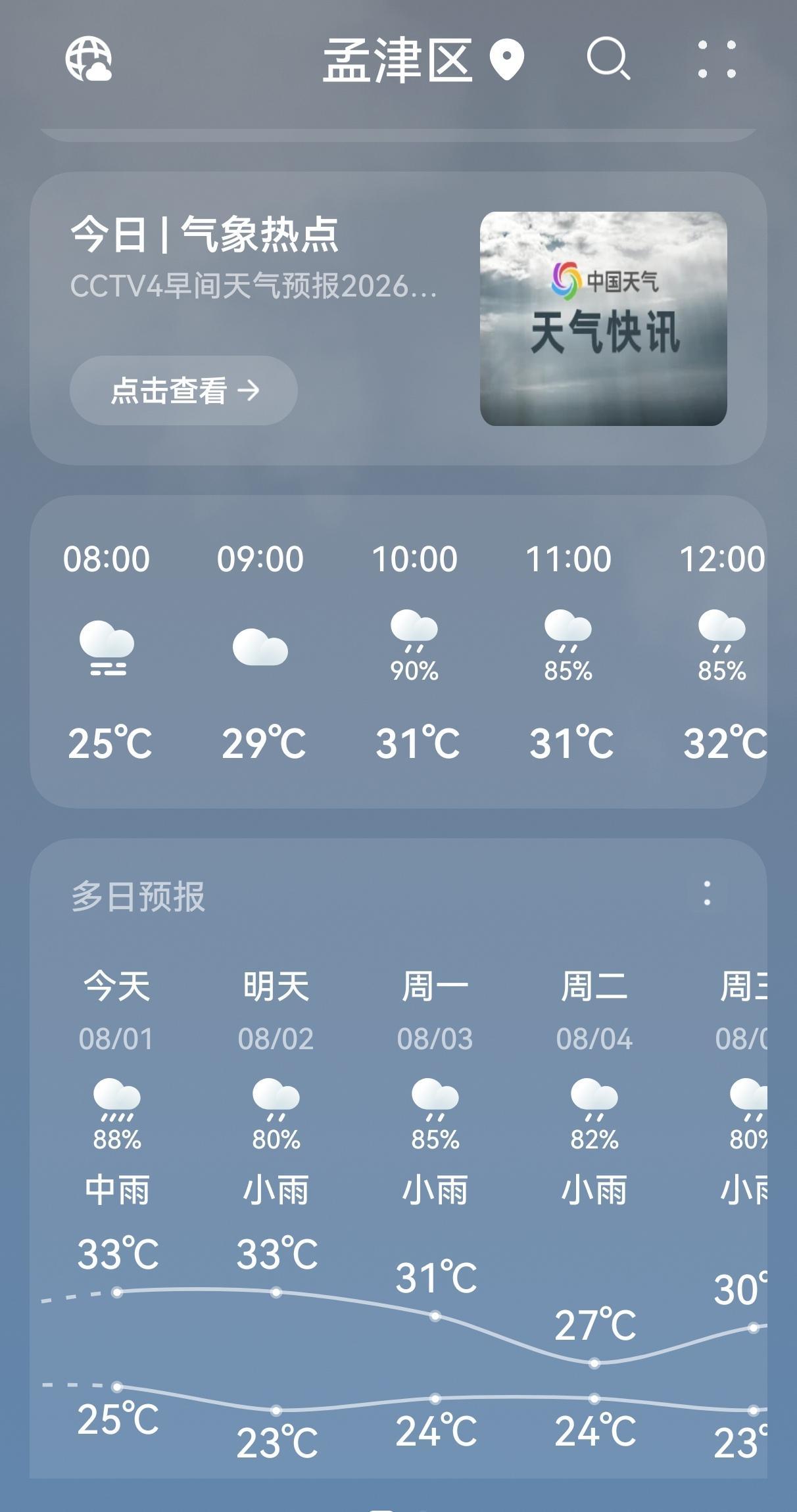 洛阳今天预报中雨，气温25℃ - 33℃，早晨雨还没下，我赶紧出门走路运动。
