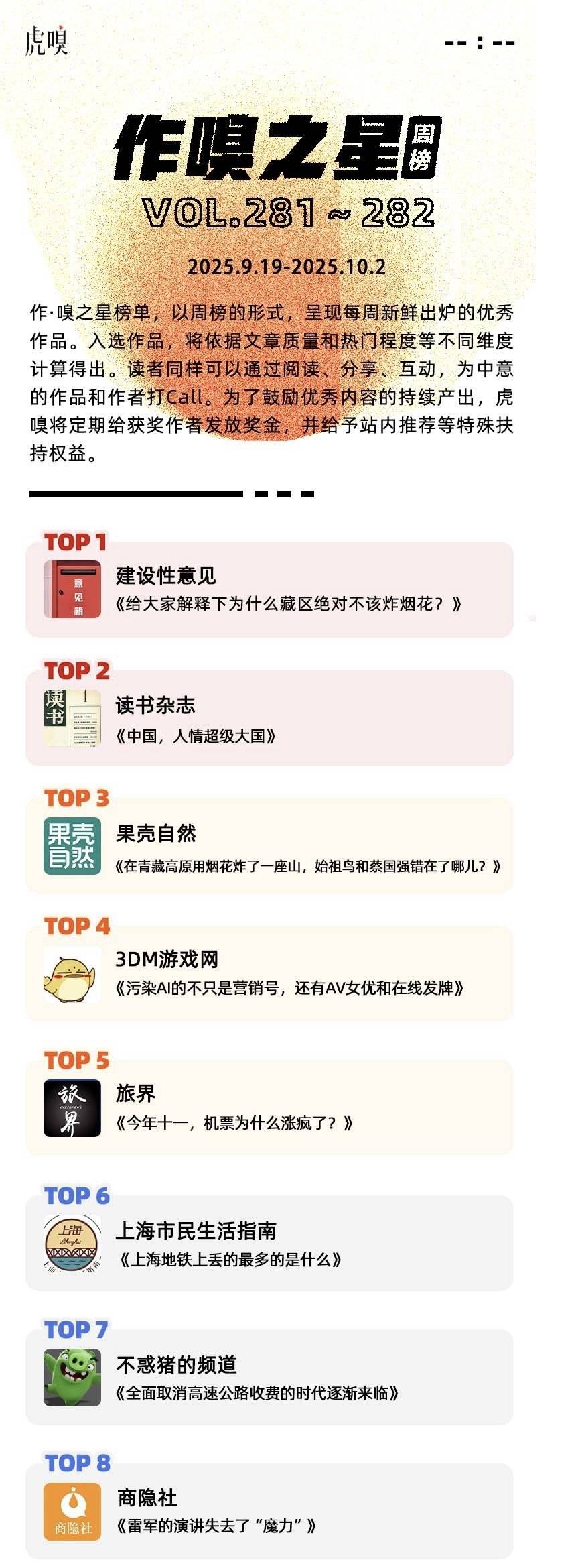 虎嗅[作·嗅之星]周榜第281～282期