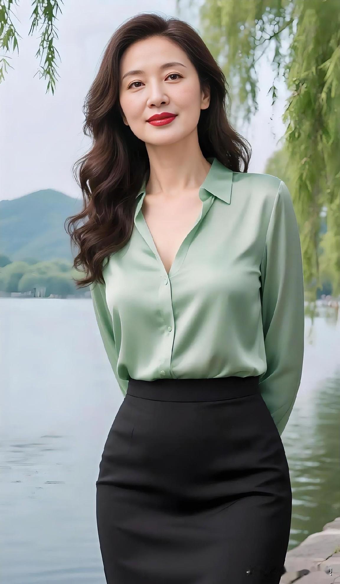 【现代散文诗】

柳丝轻拂，湖水微澜。浅绿衫影，墨裙端庄。远山如黛，静立水岸。风