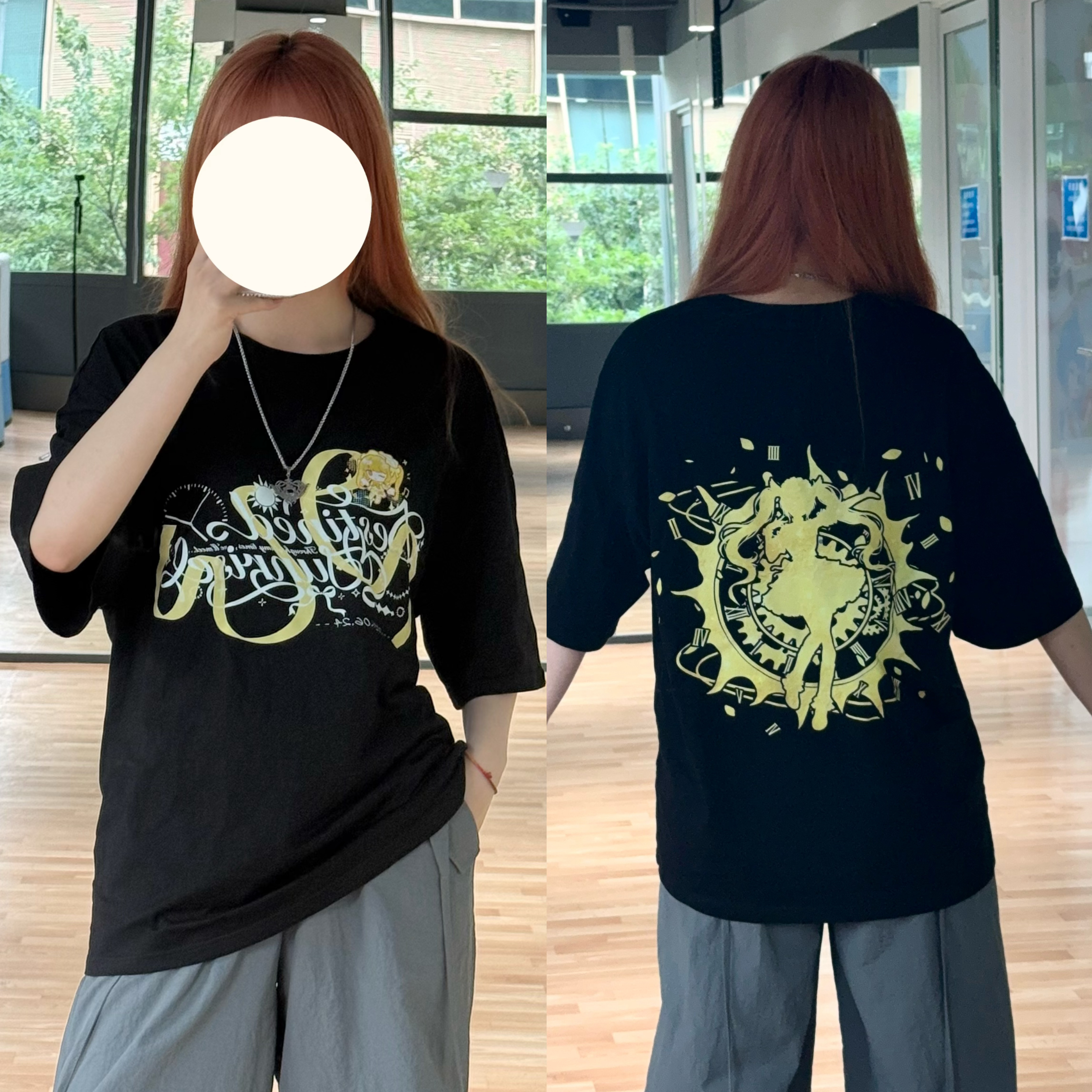 应宝宝们要求 展示一下黄黑两色兜T上身效果图 给大家做选色参考！图案高度以黄色为