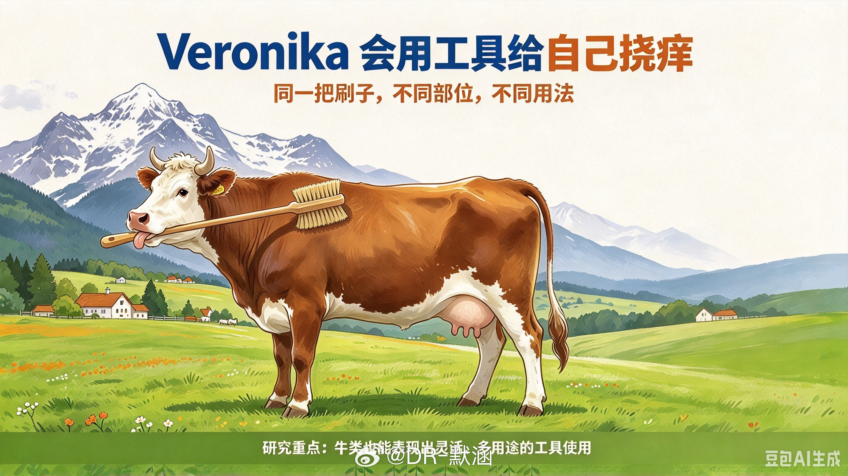 奶牛会用工具，而且比黑猩猩还讲究。奥地利一头名叫Veronika的宠物奶牛，被科
