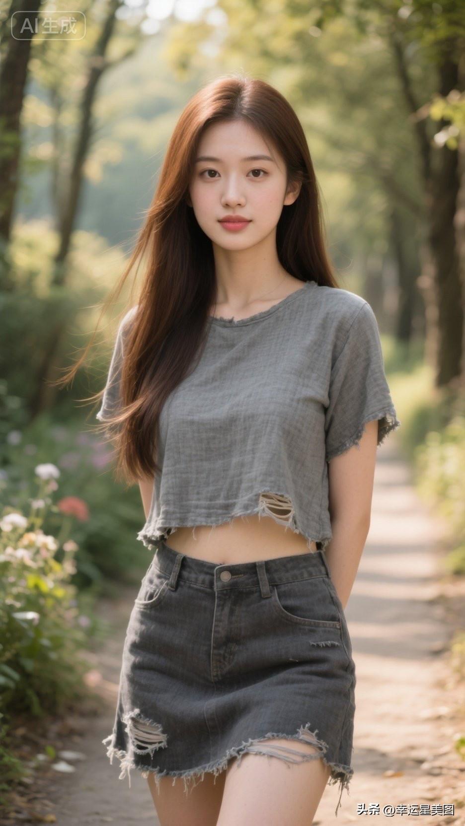 一个女孩在公园小路上散步。