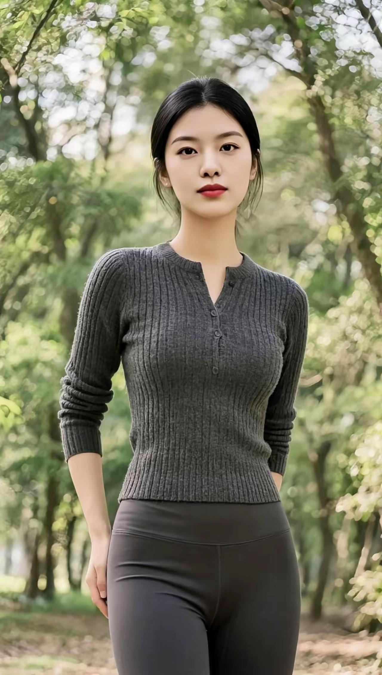 森林中的优雅女性，自然与时尚的完美结合。