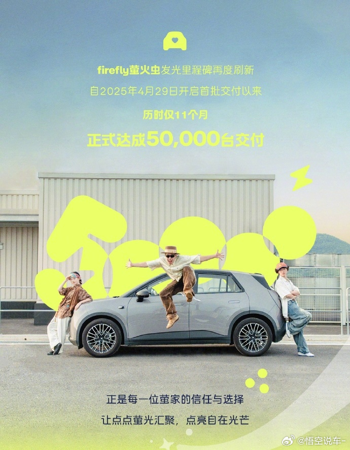 【萤火虫达成5万台交付】日前，firefly萤火虫官微发文宣布：自2025年4月