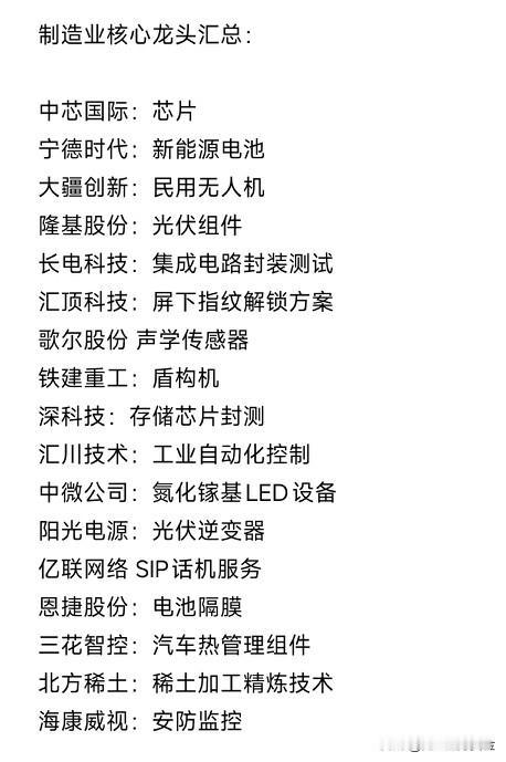 制造业核心龙头汇总：

中芯国际：芯片
宁德时代：新能源电池
大疆创新：民用无人