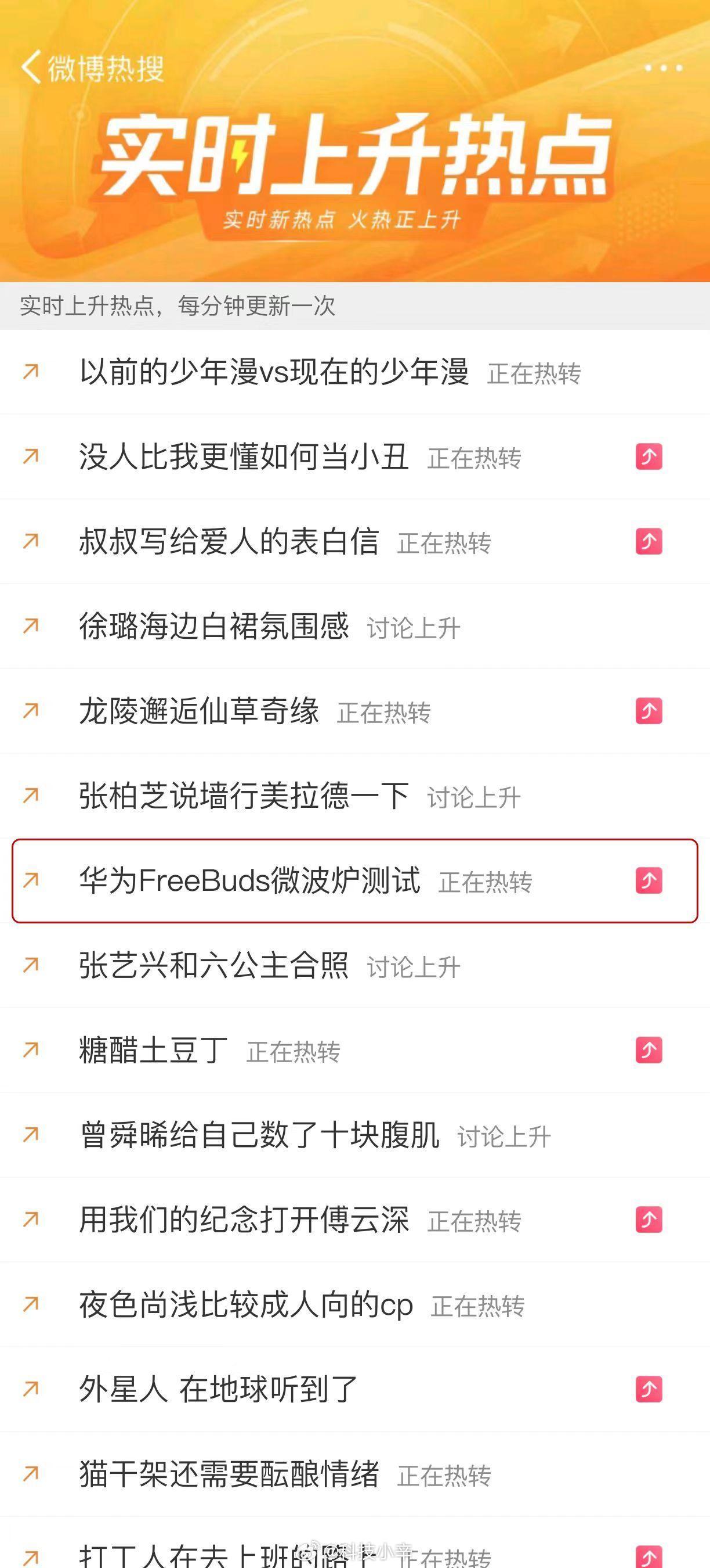 #华为FreeBuds微波炉测试# 已经进入实时上升热点了。[吐舌]

大家看过