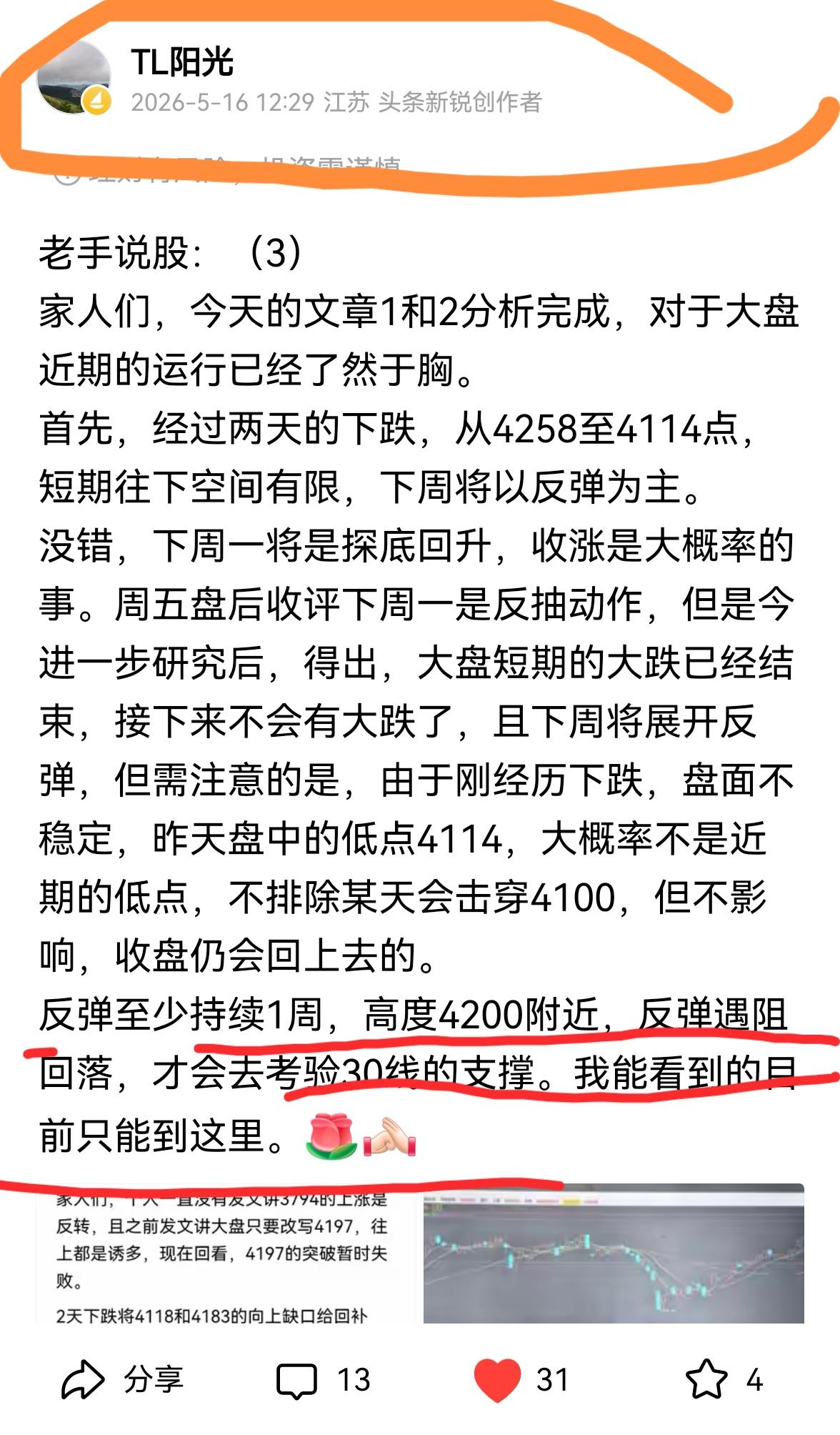 老手说股：（2）
家人们，个人周日的分析就讲了，大盘本周以反弹为主，会至4200