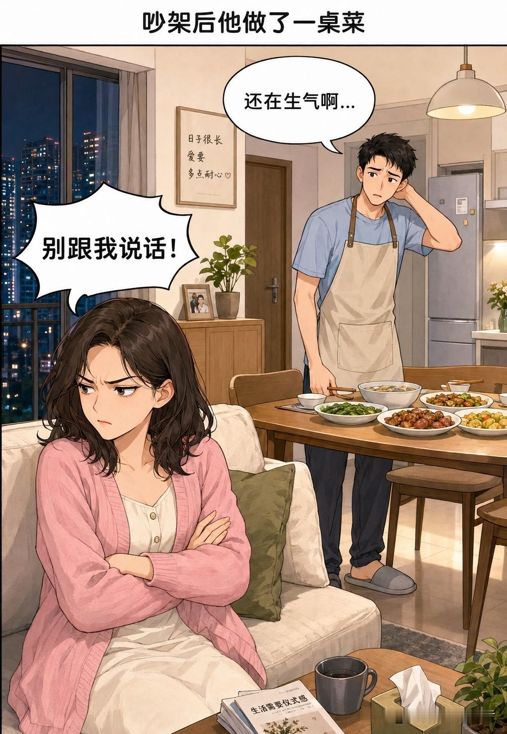 趣味漫画：跟老婆吵架后，晚上我做了一桌子菜，我：我菜做多了，你帮忙吃点吧？老婆：