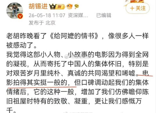 胡锡进居然说《抓特务》是好电影，《给阿嬷的情书》一般，可见这是啥人 